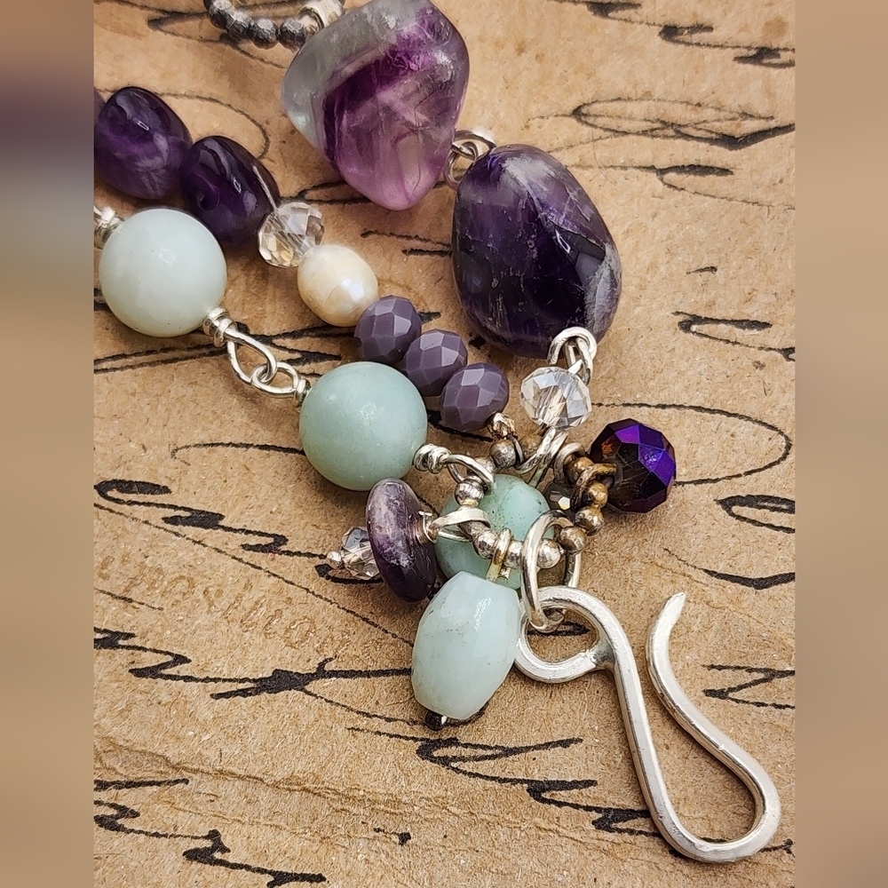 AMETHYST, AMAZONITE & PEARLS HANDMADE BRACELET IN STERLING SILVER APPRX 8 INCHES - Picture 8 of 10